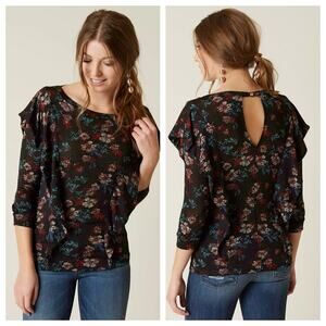 Free People Dock Street Black Floral Ruffle Blouse Womens Small